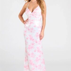Elegant Pink Floral Sequin Prom Dress